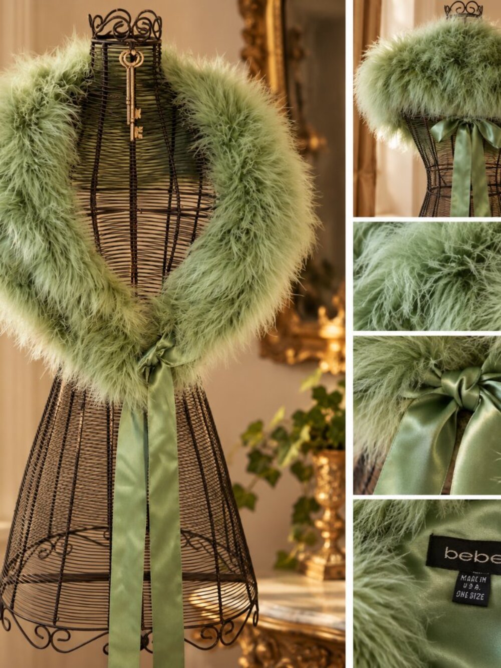 Vintage bebe Sage Green Feather Stole Wrap Y2K Satin Tie One Size